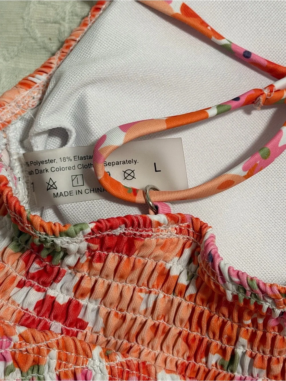 Smocked Floral Bandeau Bikini Top in Coral Pink